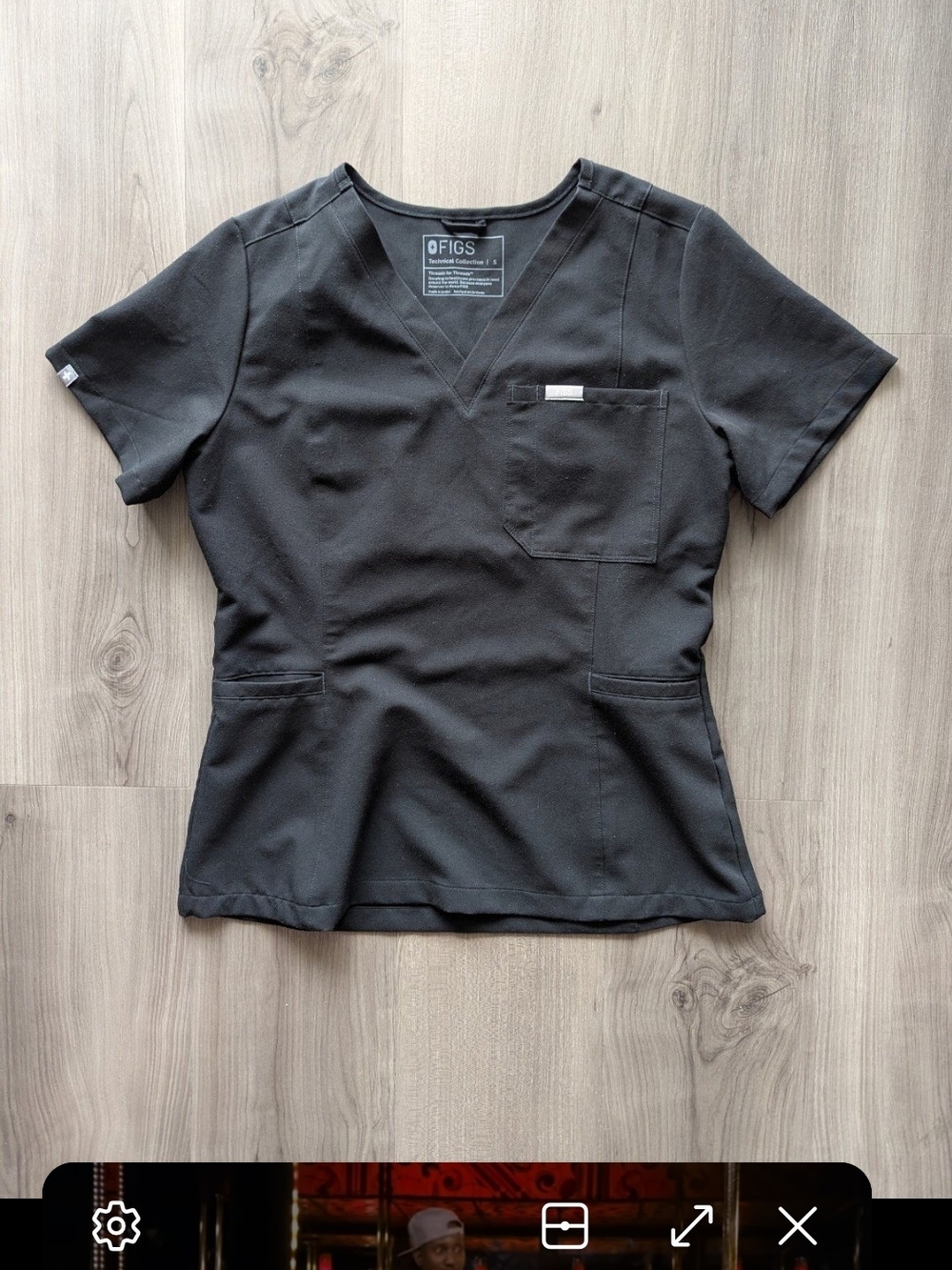 Figs Black V-Neck Scrub Top with Chest Pocket